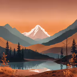 a painting with an image of mountains and trees,the snow - covered mountain is reflected in the lake
