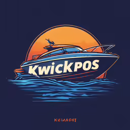 a blue, yellow and orange poster of a large boat on the water