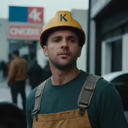 a man in yellow hard hat with a green shirt on