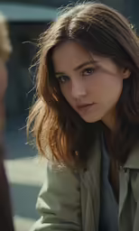 a woman in a green jacket is looking at someone
