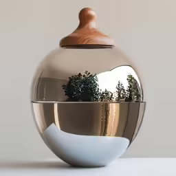 round mirror with a wood lid with a planter inside