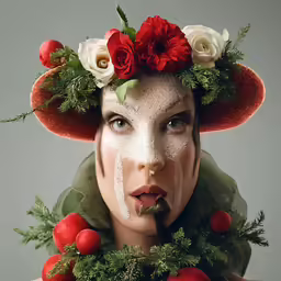 a woman wearing a floral headdress over her face with various flowers and berries on the bottom of her forehead