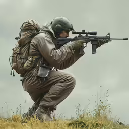 a man dressed in all military clothing and camouflage holding an automatic rifle