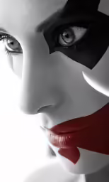 a woman with red and white makeup posing for the camera