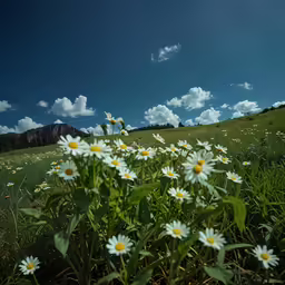 a field of wild flowers under a blue sky