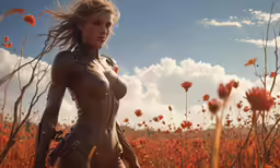 a beautiful woman with long hair in a field full of flowers