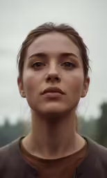 a woman in a brown shirt stares straight ahead