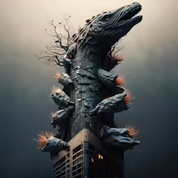the building has many large gargoons on it