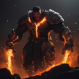 a man with fire on his body standing near rocks