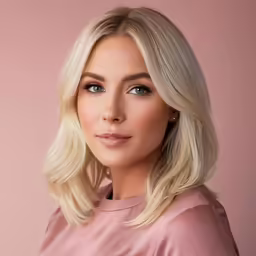 a blonde haired woman wearing pink clothing and smiling