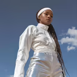 woman with large dreadlocks wearing white jacket and pants