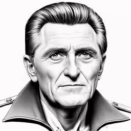black and white drawing of john f kennedy in a trench