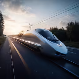 a large train traveling down tracks next to trees