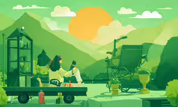 there is a cartoon scene that has two people on a trailer,two people sit in a truck at a picnic area