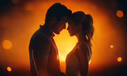 man and woman standing face to face in silhouette as the sun shines