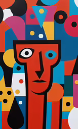 the painting depicts an abstract style of colorful shapes
