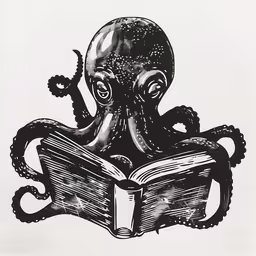 an octopus reading a book while standing,an octopus with an open book sits on a pillow