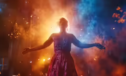 a young woman in a colorful dress holding her arms out as she walks through smoke and sparks