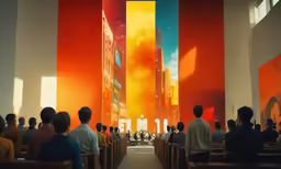 people sitting in pews and looking at colorful paintings