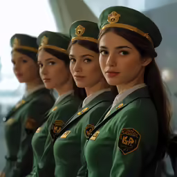 five beautiful women in green uniforms are posing