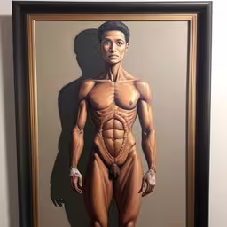 a male nude bodyburst wearing shorts on display,an art piece that looks like a body builder