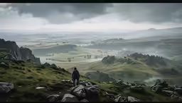 the lone rider walks down a hill side
