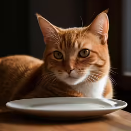 an orange cat sitting near a plate on a table