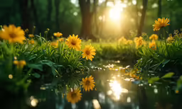 a stream with water, grass and yellow flowers