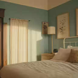 a bed with white bedspread next to a wooden night stand