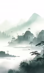 mist in a valley with trees and hills