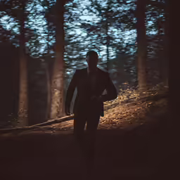 a man walking through a dark wooded forest