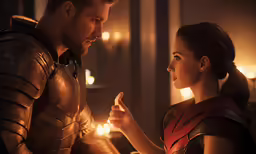 a woman holding a cigarette next to a man in a costume