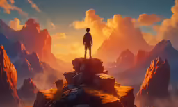 the video game avatar stands on top of a mountain looking at a sunrise