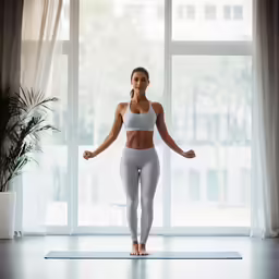 a woman is standing on a mat doing yoga