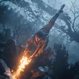 a man that is jumping over fire with a stick
