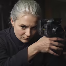 a woman with blonde hair taking a photo