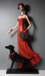 a beautiful woman in an orange dress and hat next to a statue of a dog