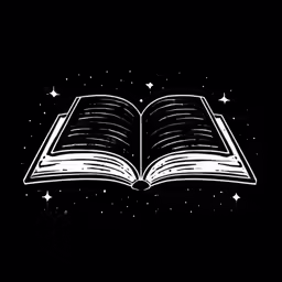 an open book with stars flying around it