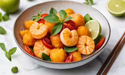 a bowl filled with a food next to chopsticks and fruit