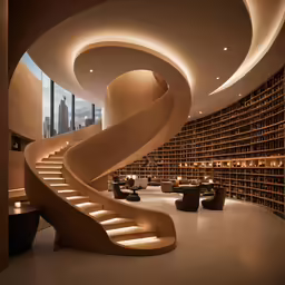 a staircase leading to a library with lots of shelves and chairs