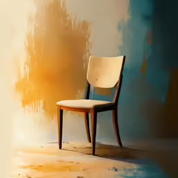 a chair is against a wall with a splash of water