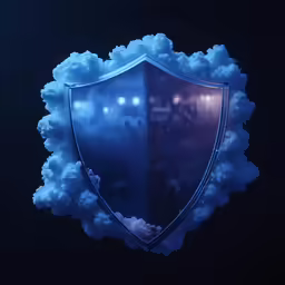 cloud shaped shield in front of a door with city lights behind it