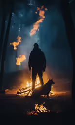 a man and his dog standing in front of a fire