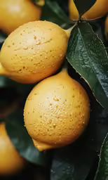 two lemons with rain drops on them and leaves