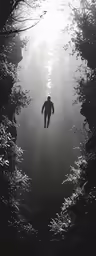 a man in the middle of the water swimming through a dense forest