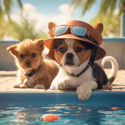 two dogs in hats and sunglasses by a pool
