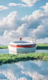 the man is sitting on a boat docked by the grass