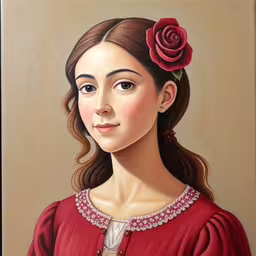 portrait of a girl with flowers on her hair and an eye piercing,an oil painting of a woman wearing red