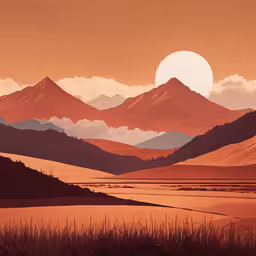 mountains with brown clouds surround the sunset and some yellow trees,a painting of mountains that is brown with orange clouds
