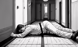 a man in pajamas is laying on the ground next to the doors,a drawing of a person laying on the floor